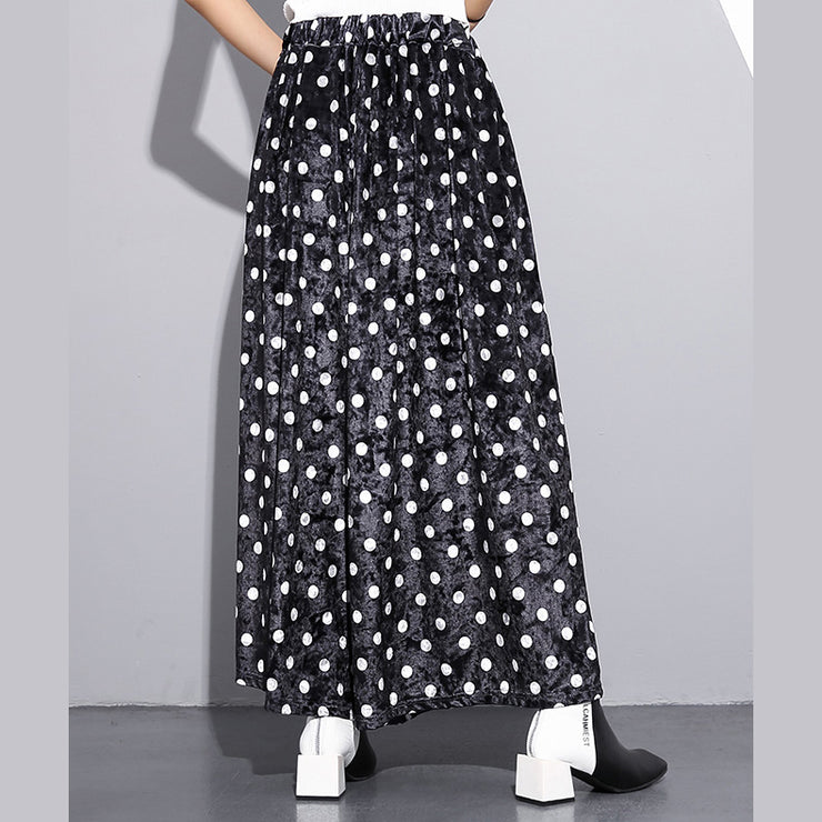 Elegant black dotted plus size clothing elastic waist traveling women wide leg pants cotton trousers
