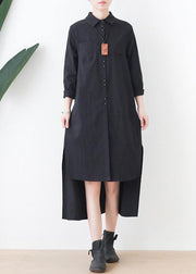 Elegant black dress lapel low high design short Dress - SooLinen