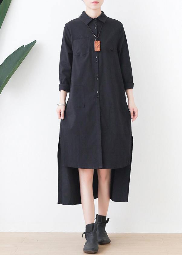Elegant black dress lapel low high design short Dress - SooLinen