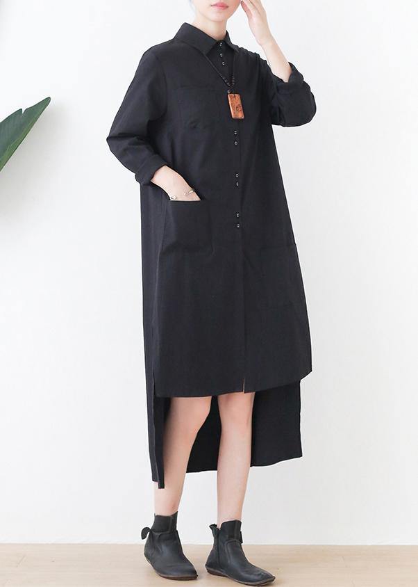Elegant black dress lapel low high design short Dress - SooLinen