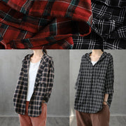 Elegant black orange plaid tunics for women lapel Button Down Plus Size Clothing tops - SooLinen