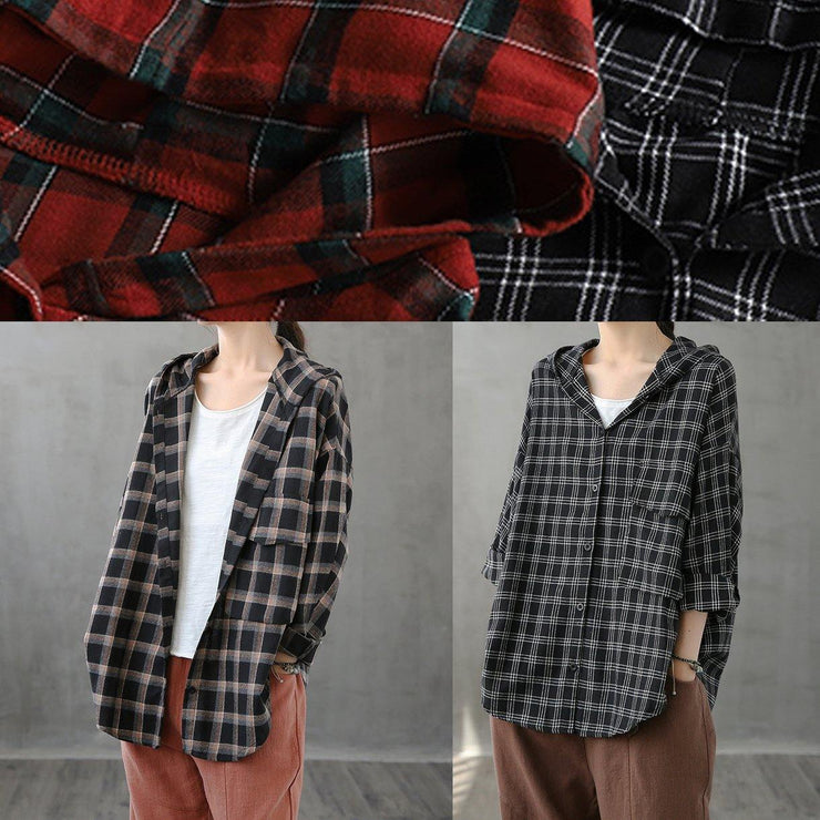 Elegant black orange plaid tunics for women lapel Button Down Plus Size Clothing tops - SooLinen