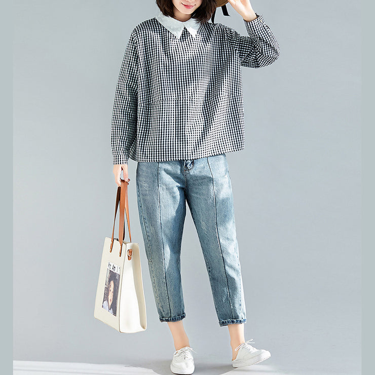 Elegante schwarz karierte Baumwollkleidung Boutique Fabrics Pullover Silhouette Frühlingsbluse
