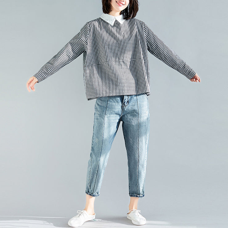 Elegante schwarz karierte Baumwollkleidung Boutique Fabrics Pullover Silhouette Frühlingsbluse
