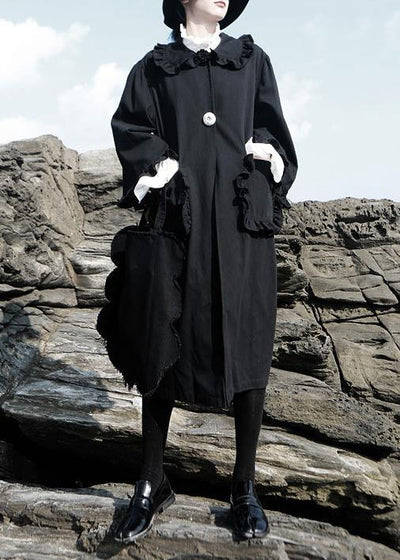 Elegant black stand collar cotton clothes Women flare sleeve cotton robes ruffles shirt Dress - SooLinen
