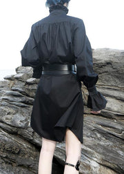 Elegant black stand collar cotton clothes Women flare sleeve cotton robes ruffles shirt Dress - SooLinen