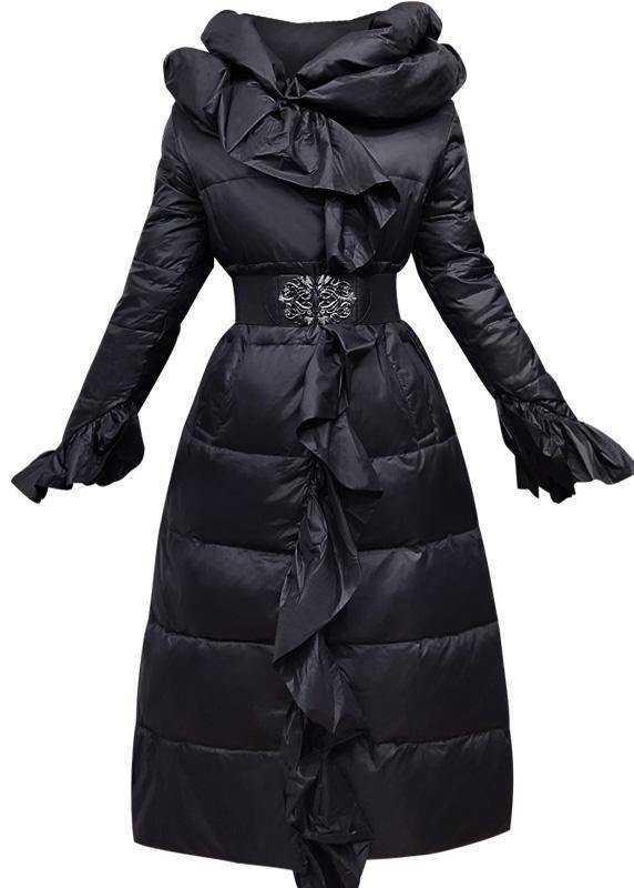 Elegant casual winter jacket ruffles Jackets pink tie waist duck down coat - SooLinen