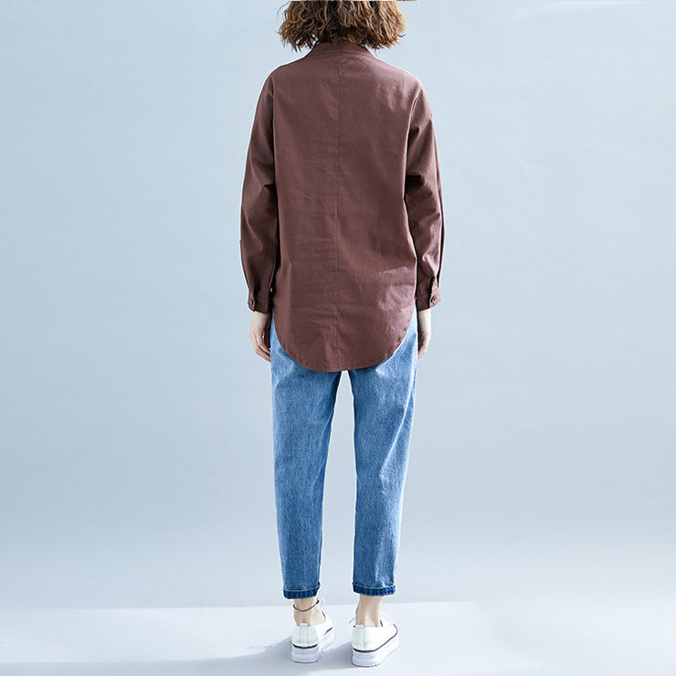 Elegant chocolate linen clothes For Women Organic Neckline long sleeve box patchwork striped top