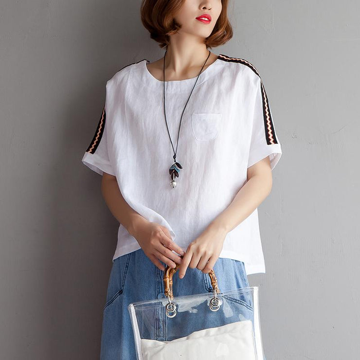 Elegant cotton linen blouse plus size clothing High-low Hem Summer Short Sleeve White Blouse