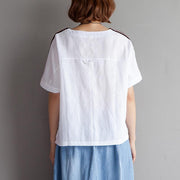 Elegant cotton linen blouse plus size clothing High-low Hem Summer Short Sleeve White Blouse