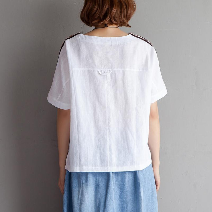 Elegant cotton linen blouse plus size clothing High-low Hem Summer Short Sleeve White Blouse