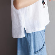 Elegant cotton linen blouse plus size clothing High-low Hem Summer Short Sleeve White Blouse