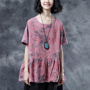 Elegant cotton linen blouses plus size Pleated Summer Short Sleeve Embroidery Pink Loose Blouse