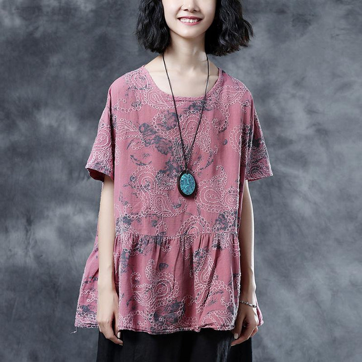 Elegant cotton linen blouses plus size Pleated Summer Short Sleeve Embroidery Pink Loose Blouse