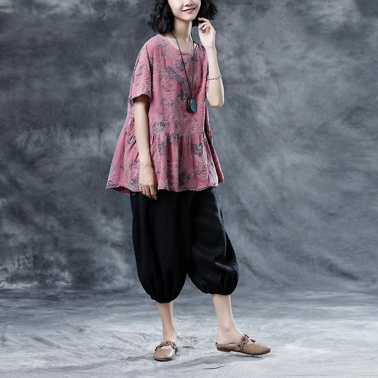 Elegant cotton linen blouses plus size Pleated Summer Short Sleeve Embroidery Pink Loose Blouse
