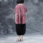Elegant cotton linen blouses plus size Pleated Summer Short Sleeve Embroidery Pink Loose Blouse