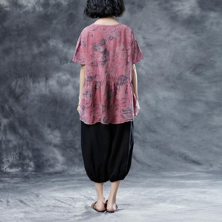 Elegant cotton linen blouses plus size Pleated Summer Short Sleeve Embroidery Pink Loose Blouse