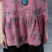 Elegant cotton linen blouses plus size Pleated Summer Short Sleeve Embroidery Pink Loose Blouse