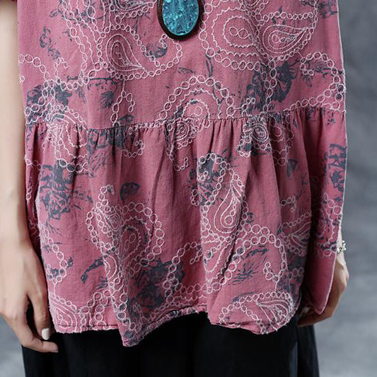 Elegant cotton linen blouses plus size Pleated Summer Short Sleeve Embroidery Pink Loose Blouse