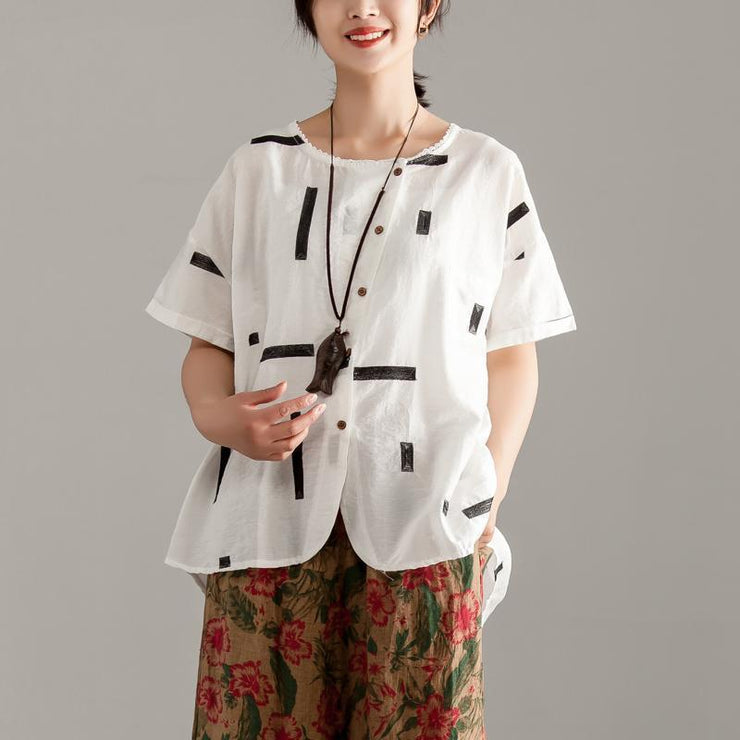 Elegant cotton shirts plus size Round Neck Short Sleeve Summer White High-low Hem Blouse