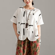 Elegant cotton shirts plus size Round Neck Short Sleeve Summer White High-low Hem Blouse