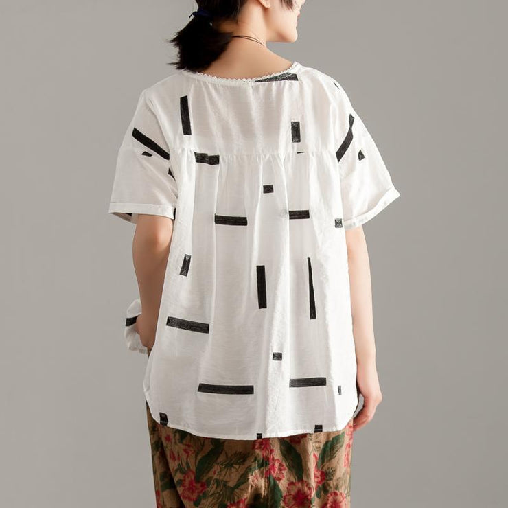 Elegant cotton shirts plus size Round Neck Short Sleeve Summer White High-low Hem Blouse