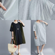 Elegant gray cotton Tunics o neck patchwork Maxi summer Dresses - SooLinen