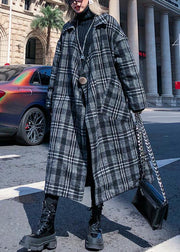 Elegant gray plaid Woolen Coat Women plus size Notched pockets long coats - SooLinen