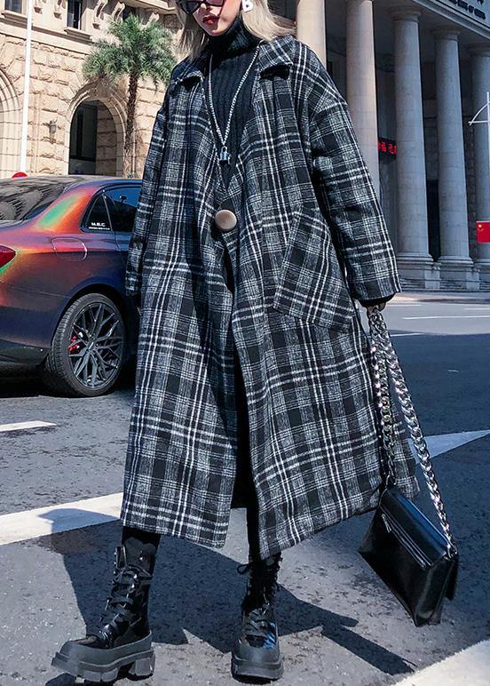 Elegant gray plaid Woolen Coat Women plus size Notched pockets long coats - SooLinen