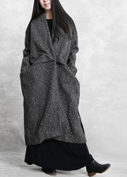 Elegant gray print woolen outwear oversized side open Winter coat - SooLinen