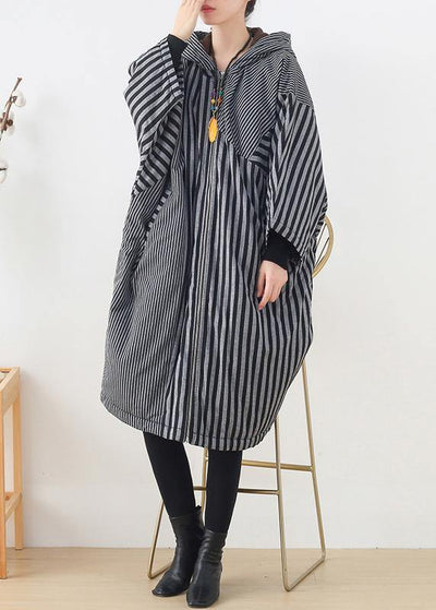 Elegant gray striped womens coats oversized winter hooded patchwork outwear - SooLinen