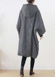 Elegant gray striped womens coats oversized winter hooded patchwork outwear - SooLinen