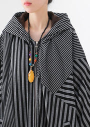 Elegant gray striped womens coats oversized winter hooded patchwork outwear - SooLinen