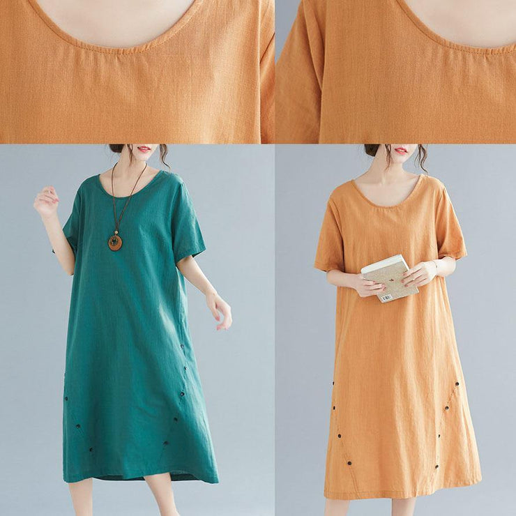 Elegant green Button decorated linen dresses wild summer Dresses - SooLinen