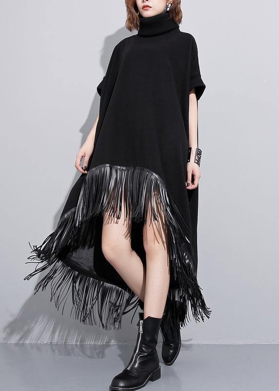 Elegant high neck tassel cotton Tunic Fabrics black Dresses - SooLinen