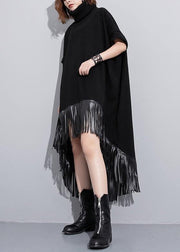 Elegant high neck tassel cotton Tunic Fabrics black Dresses - SooLinen