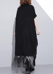 Elegant high neck tassel cotton Tunic Fabrics black Dresses - SooLinen