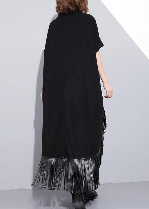 Elegant high neck tassel cotton Tunic Fabrics black Dresses - SooLinen