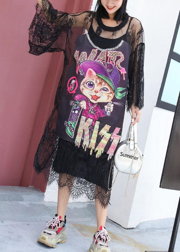 Elegant hollow out Tunics Outfits black prints Maxi Dress summer - SooLinen