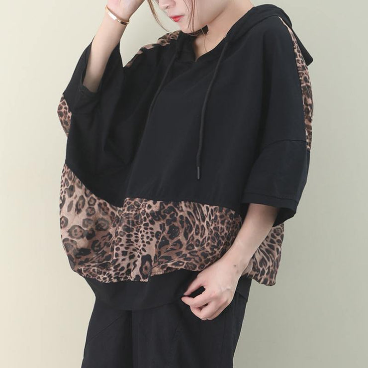 Elegant hooded patchwork cotton summer top design black shirt - SooLinen