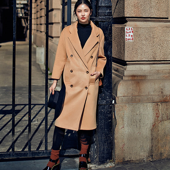 Elegante khakifarbene Mäntel Oversize-Wollmantel mit Kerbe Modischer zweireihiger Wollmantel