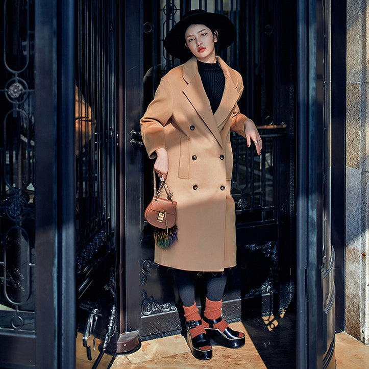 Elegante khakifarbene Mäntel Oversize-Wollmantel mit Kerbe Modischer zweireihiger Wollmantel