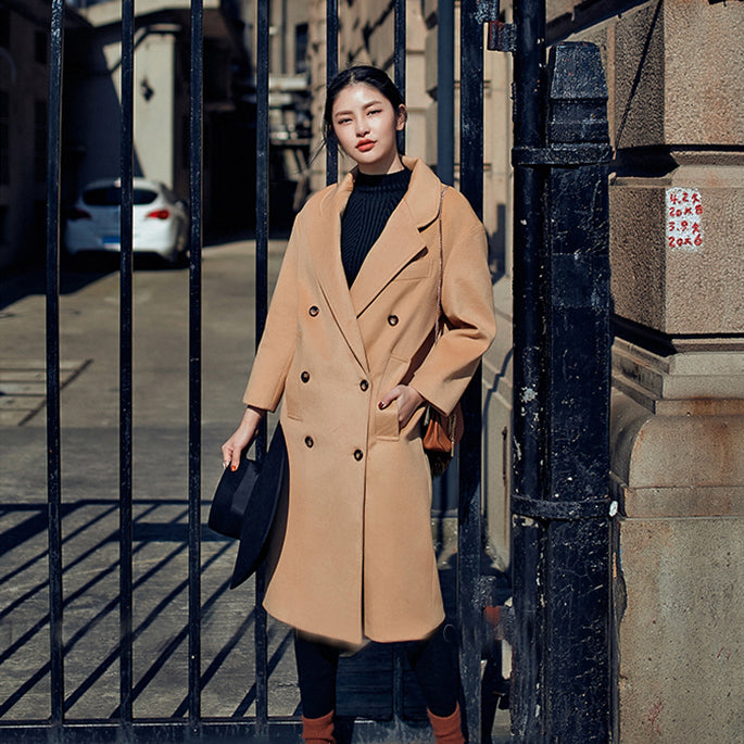 Elegante khakifarbene Mäntel Oversize-Wollmantel mit Kerbe Modischer zweireihiger Wollmantel