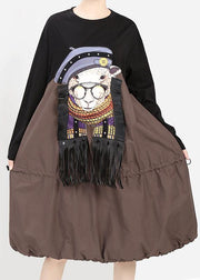 Elegant khaki fall Cartoon girl print cotton dress tassel long patchwork Dresses - SooLinen
