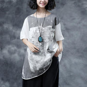 Elegant linen summer top casual Short Sleeve Abstract Pattern White Summer Blouses Shirts