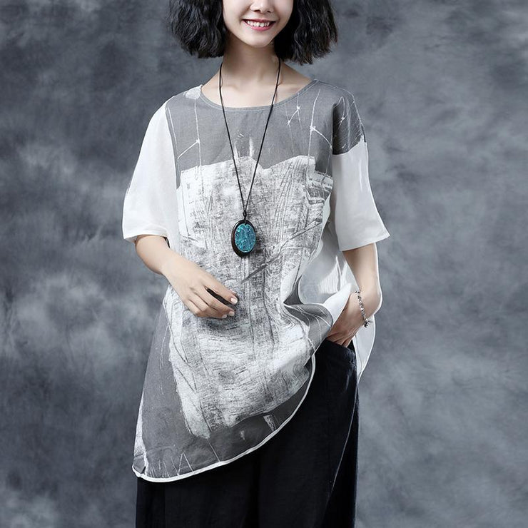 Elegant linen summer top casual Short Sleeve Abstract Pattern White Summer Blouses Shirts