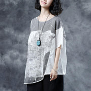 Elegant linen summer top casual Short Sleeve Abstract Pattern White Summer Blouses Shirts