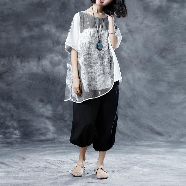 Elegant linen summer top casual Short Sleeve Abstract Pattern White Summer Blouses Shirts