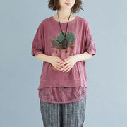 Elegant natural linen t shirt Loose fitting Summer Embroidery Short Sleeve Slit Pink Blouse