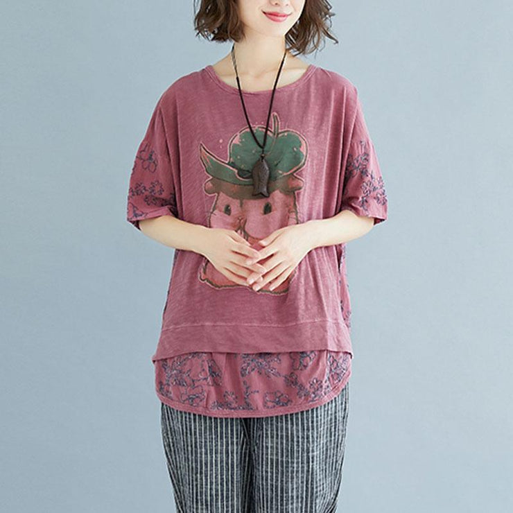 Elegant natural linen t shirt Loose fitting Summer Embroidery Short Sleeve Slit Pink Blouse